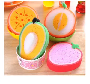 Close up of cute fruit shaped cleaning sponges, thickened dual sided design for kitchen use.