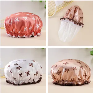 Double Layer Satin Waterproof Shower Cap Cute Bow Print Elastic Bath Cap Women Hair Cover Bathing Accessories