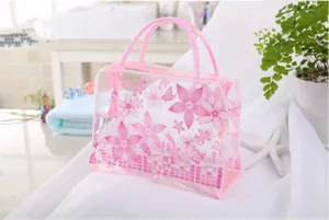 Large waterproof transparent PVC cosmetic bag pink floral travel wash bag for women