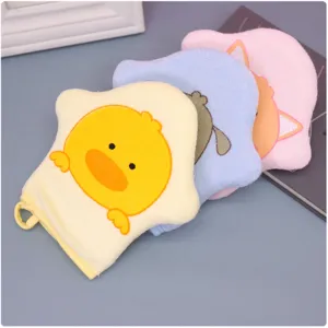 Soft baby bath sponge mitt with cute cartoon animal design, comfortable children shower wipe detail.