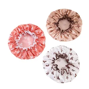 Satin waterproof shower cap with cute bow print, double-layer cute hair cap for women.