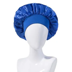 Cuffia notte in raso blu reale per donna, morbido copricapo per capelli con elastico.