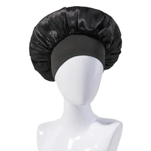 Cuffia notte in satin nero per cura capelli grande fascia elastica morbida capelli setosi testa