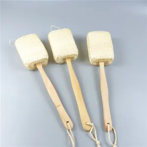 Natural sisal bath brush with wooden handle for exfoliating and body massage, long handle.
