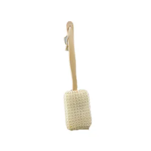 Long handled wooden bath brush with natural sisal mesh sponge for gentle back exfoliation.