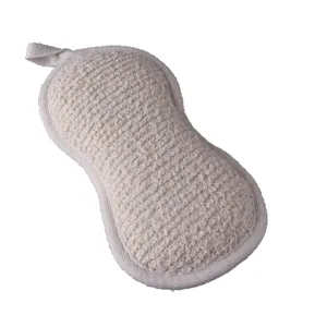 Peanut-shaped exfoliating bath sponge mitt with hanging loop for body cleansing shower.