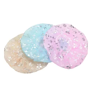 Waterproof thickened bronzing shower cap for women, cute floral print bathing hat for bathroom.