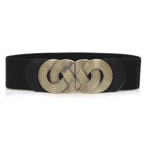 Women Retro Wide Elastic Waist Cinch Belt Vintage Metal Double Buckle Corset Dress Decorative Waistband Fashion