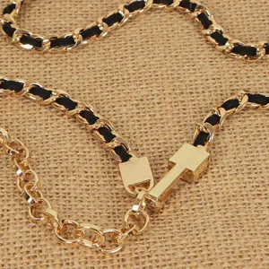 Gold chain belt for women, stylish interwoven leather metal waist accessory for dresses