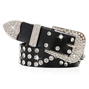 Women bling rhinestone belt black leather western cowgirl sparkling crystal waist belt