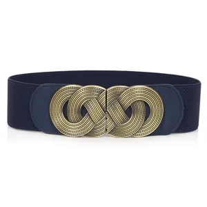 Women's retro wide elastic waist belt with vintage metal buckle for dresses and coats.