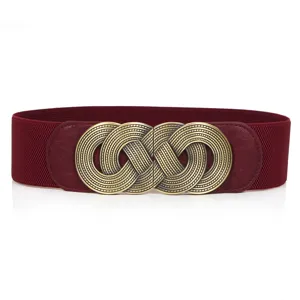 Women vintage wide elastic waist belt retro metal interlocking buckle dress cinch band chic