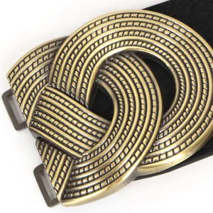 Vintage wide waist belt for women with antique metal buckle, retro elastic dress belt.