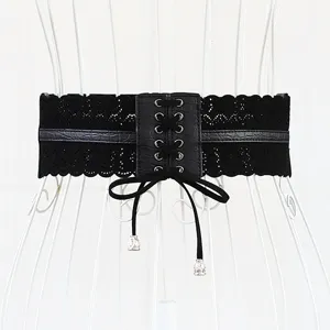 Cintura Corsetto Larga da Donna in Pelle Sintetica Traforata con Frange Accessori per Vita