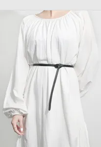Women thin black faux leather knot belt detail shot, versatile dress accessory for summer.