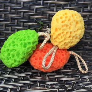 Colorful honeycomb cellulose bath sponges set with hanging ropes for gentle body cleaning and daily shower.