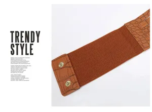 Wide elastic corset belt for women, brown stretch waistband with croc leather ends and snaps.