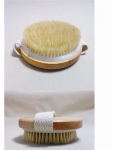 Natuerliche Holz Rundbadebuerste mit weichen Borsten und Handschlaufe fuer Dusche.