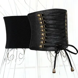 Women's Wide Elastic Corset Belt Black PU Leather Lace-Up Waist Cinch Dress Accessory