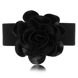 Women black elastic wide belt with big flower decoration elegant dress waistband accessories