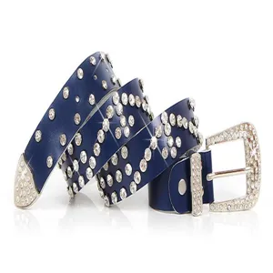 Detail shot of women's blue rhinestone leather belt with glittering crystals and metal buckle.