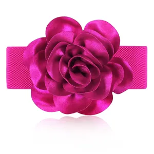 Fashion women rose flower elastic wide waist belt dress decorative stylish cinch belt pink
