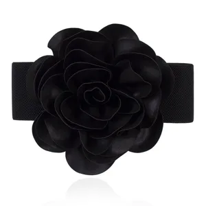 Ceinture élastique noire pour femme avec grande fleur, large ceinture de robe élégante.
