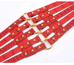 Red crocodile PU leather waist belt chic hollow out harness with gold metal rings and rivets studs