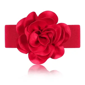 Elegant red fabric flower wide elastic waist belt for women fashion dress accessories