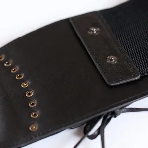 Black wide elastic corset belt for women, stylish PU leather lace up cincher dress acc.