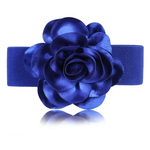 Fashion blue flower wide elastic waistband belt for women dress decorative waist accessory.