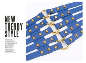 Blue wide belt with gold rings and studs, fashion PU leather waist cincher for women.