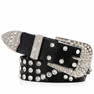 Women Fashion Split Cowhide Leather Belt Rhinestone Inlaid Alloy Pin Buckle Casual Business Daily Waist Belt
