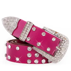 Women fashion genuine leather rhinestone belt pink sparkle bling pin buckle wide waist belt