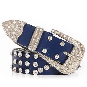 Women fashion blue leather rhinestone belt sparkling crystal pin buckle waist strap chic style