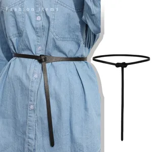 Women thin faux leather belt slim waist strap versatile dress coat accessory black fashion