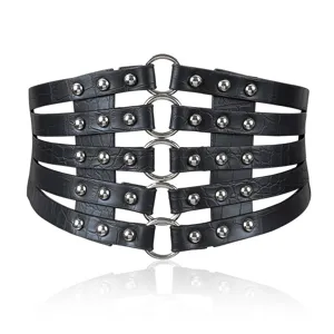 Black wide waist belt for women, punk rivet design with metal rings, faux leather corset.