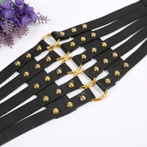 Women black wide waist belt gothic punk rivet harness cinch strap for dress decoration