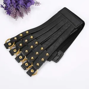Women wide elastic waist belt black metal rings studded corset dress cincher stylish