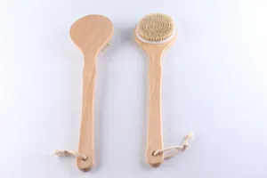 Long handled wooden bath brush with natural bristles and hanging rope for body and back cleaning.