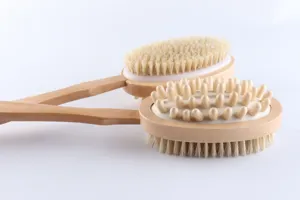 Wooden bath brush detail, long handle shower body brush with natural bristles and massage nodes.