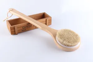 Long handle wooden bath body brush with soft bristles for dry brushing and back showering.