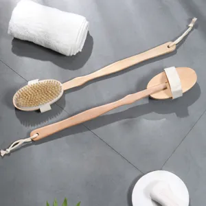 Long handle wooden bath brush with natural bristles and strap for body scrubbing and shower.