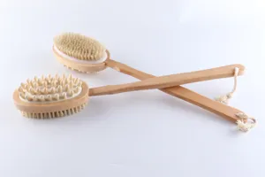 Wooden double-sided body bath brush with soft bristles and massage nodes for deep cleaning.