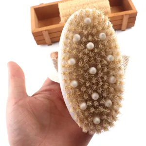 Spazzola da bagno per corpo in setole naturali con nodi massaggianti e cinturino spa.