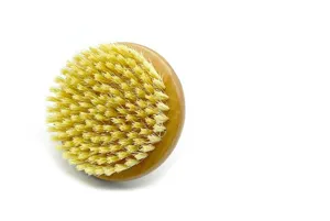 Détail brosse corps en bois, poils naturels en sisal et manche rond lisse pour massage à sec.