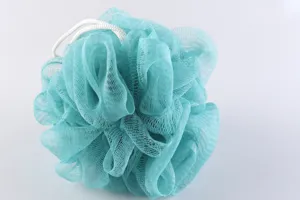 Turquoise mesh bath sponge with white hanging cord, fluffy shower puff for daily body cleaning.