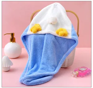 Soft coral fleece dry hair cap with cute cartoon design, ultra-absorbent and quick-drying hair towel.