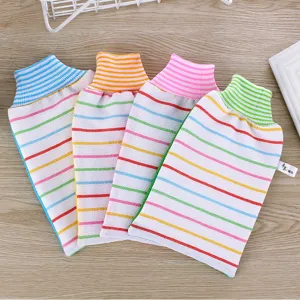 Colorful striped exfoliating bath gloves, set of 4 shower mitts for body scrubbing.