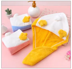 Cute cartoon coral fleece dry hair cap, soft and super absorbent quick drying hair towel for women.